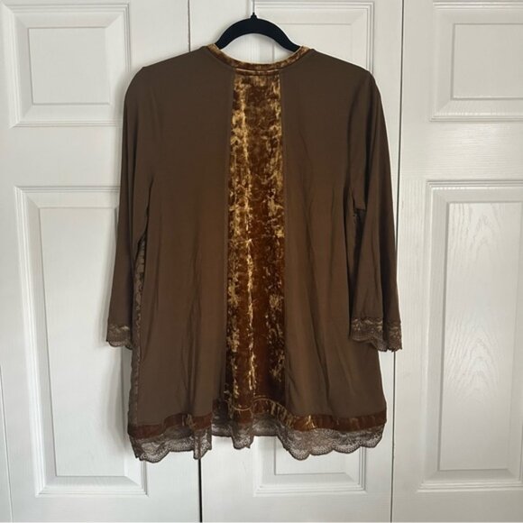 LOGO Lavish Shirt Womens Small Brown Gold Lace Velvet Tunic Scallop Hem Boho - Picture 2 of 10